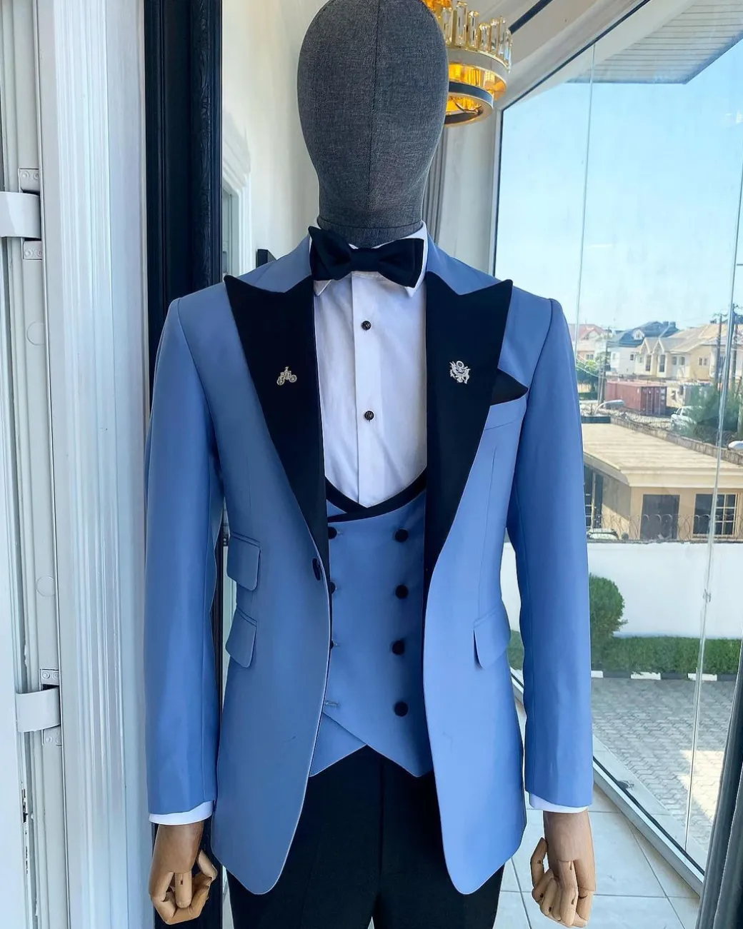 A Sky Blue Peak Lapel Tuxedo Suit