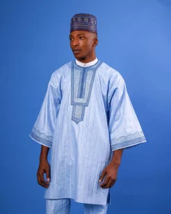 A Sky Blue, Spiral & Basket, Wide-Cut 3/4 Sleeve African Senator Kaftan Native