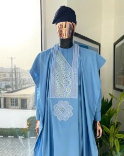 A Sky blue Spiral And tapped square embroidery, Swarovski stone detailing agbada