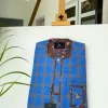A Skye blue and light mustard yellow windowpane check Senator Kaftan
