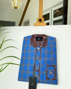 A Skye blue and light mustard yellow windowpane check Senator Kaftan