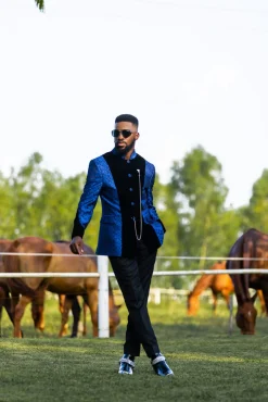A Skye blue and Navy blue Mandarin Jacquard safari tuxedo royal suit