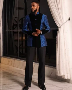 A Skye blue and Navy blue Mandarin Jacquard safari tuxedo royal suit