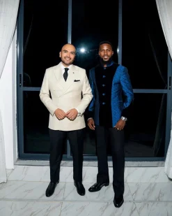 A Skye blue and Navy blue Mandarin Jacquard safari tuxedo royal suit