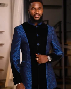 A Skye blue and Navy blue Mandarin Jacquard safari tuxedo royal suit
