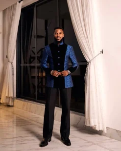 A Skye blue and Navy blue Mandarin Jacquard safari tuxedo royal suit