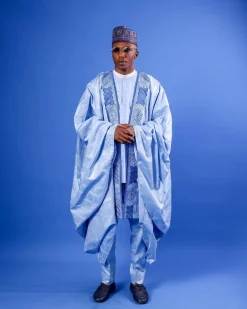 A Skye Blue, “Dan Fodio” Arewa, Aront Cut With Round Tail Embroidery Details Tagbada