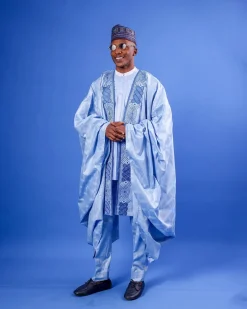 A Skye Blue, “Dan Fodio” Arewa, Aront Cut With Round Tail Embroidery Details Tagbada