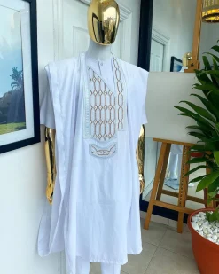 A Snow White dotted round and interwoven line embroidery agbada
