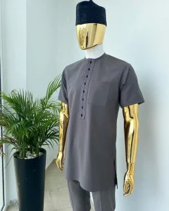 A Space Grey senator with a black and grey dotted embroidery design Kaftan