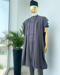 A space grey with black and Grey dotted embroidery design Agbada