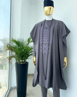 A Space grey with black and Grey dotted embroidery design Agbada