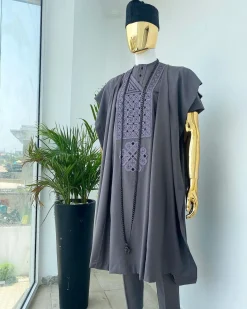 A space grey with black and Grey dotted embroidery design Agbada