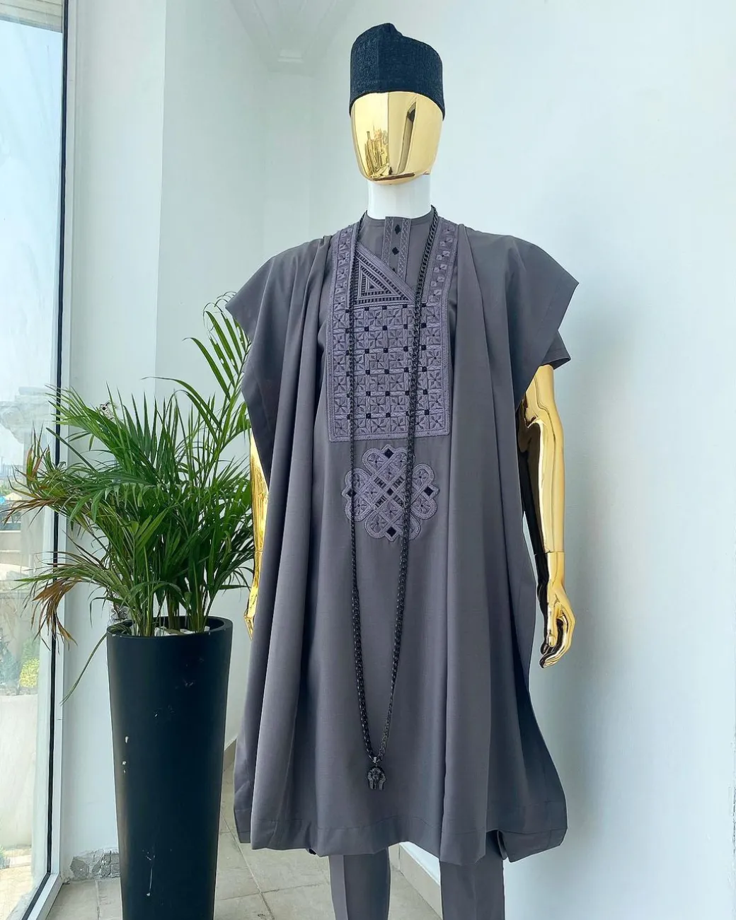 A space grey with black and Grey dotted embroidery design Agbada