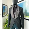 A “spirogyra” patterned, phthalo green shawl lapel metallic jacquard suit