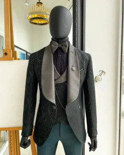 A “spirogyra” patterned, phthalo green shawl lapel metallic jacquard suit