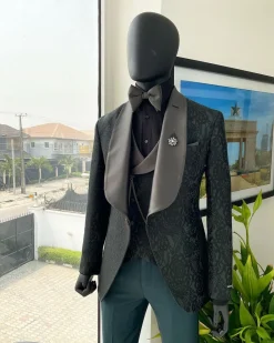 A “spirogyra” patterned, phthalo green shawl lapel metallic jacquard suit