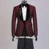 A splash of burgundy and black shawl lapel (black velvet) tuxedo suit
