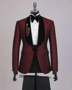 A splash of burgundy and black shawl lapel (black velvet) tuxedo suit