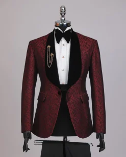 A splash of burgundy and black shawl lapel (black velvet) tuxedo suit