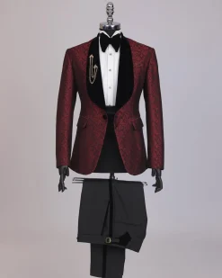A splash of burgundy and black shawl lapel (black velvet) tuxedo suit