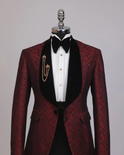 A splash of burgundy and black shawl lapel (black velvet) tuxedo suit