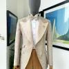A splash of tortilla and wheat brown peak lapel metallic jacquard tuxedo suit