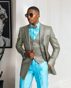 A Splashed gold & turquoise blue metallic jacquard double-breasted suit