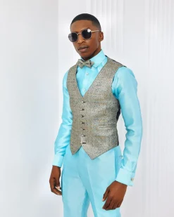 A Splashed gold & turquoise blue metallic jacquard classic waist coat with layered back cut.