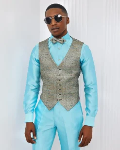 A Splashed gold & turquoise blue metallic jacquard classic waist coat with layered back cut.