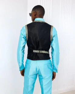 A Splashed gold & turquoise blue metallic jacquard classic waist coat with layered back cut.
