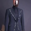 A Steel Black, Seer Sucker Fabric, Knitted, Peak Lapel Suit