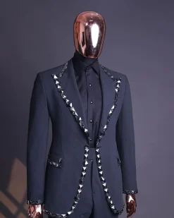 A Steel Black, Seer Sucker Fabric, Knitted, Peak Lapel Suit
