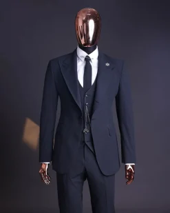 A Steel Black, Seer Sucker Fabric, Knitted, Peak Lapel Suit