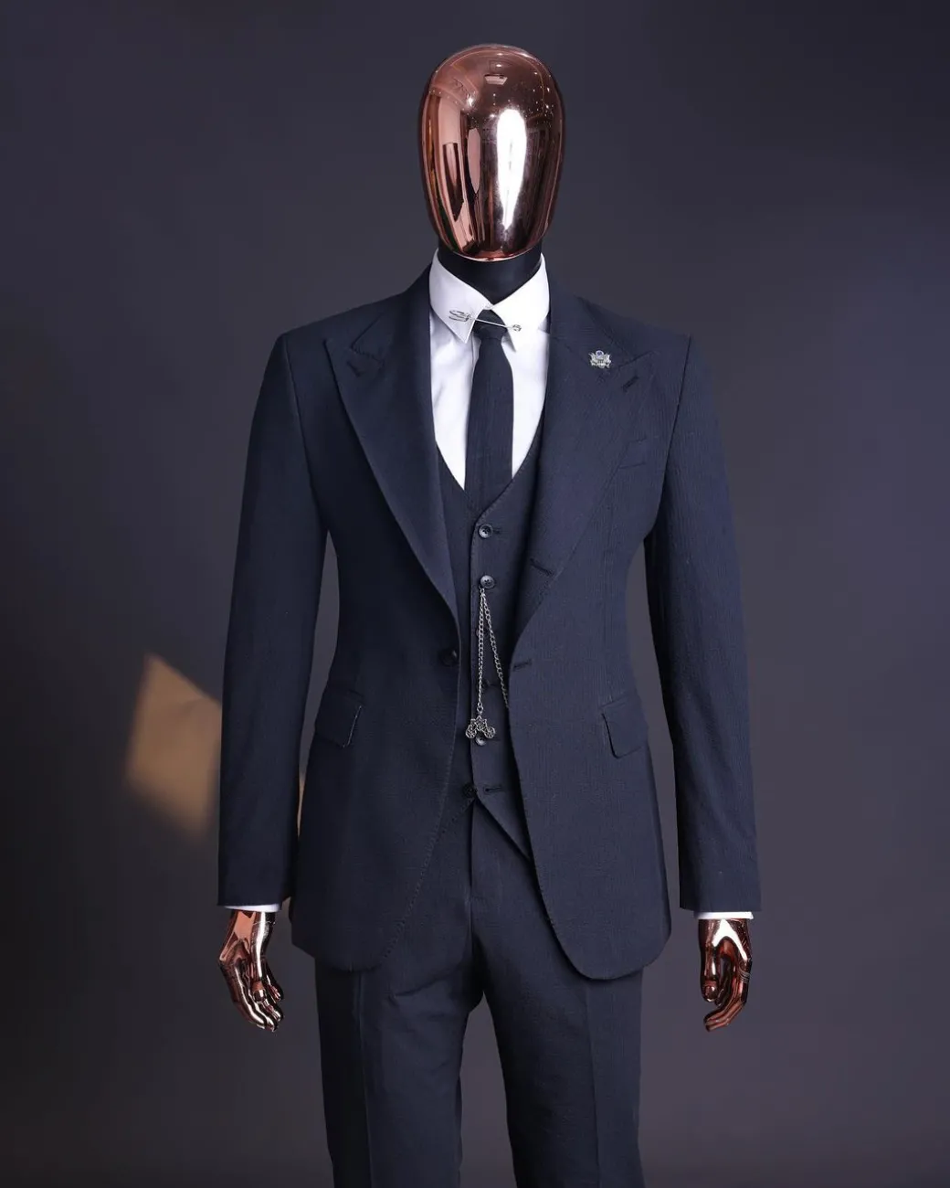 A Steel Black, Seer Sucker Fabric, Knitted, Peak Lapel Suit