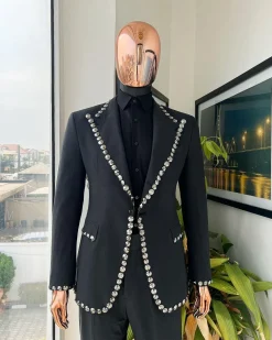 A steel black, seer sucker fabric, knitted, peak lapel suit