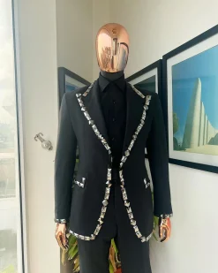 A Steel Black, Seer Sucker Fabric, Knitted, Peak Lapel Suit