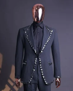 A Steel Black, Seer Sucker Fabric, Knitted, Peak Lapel Suit