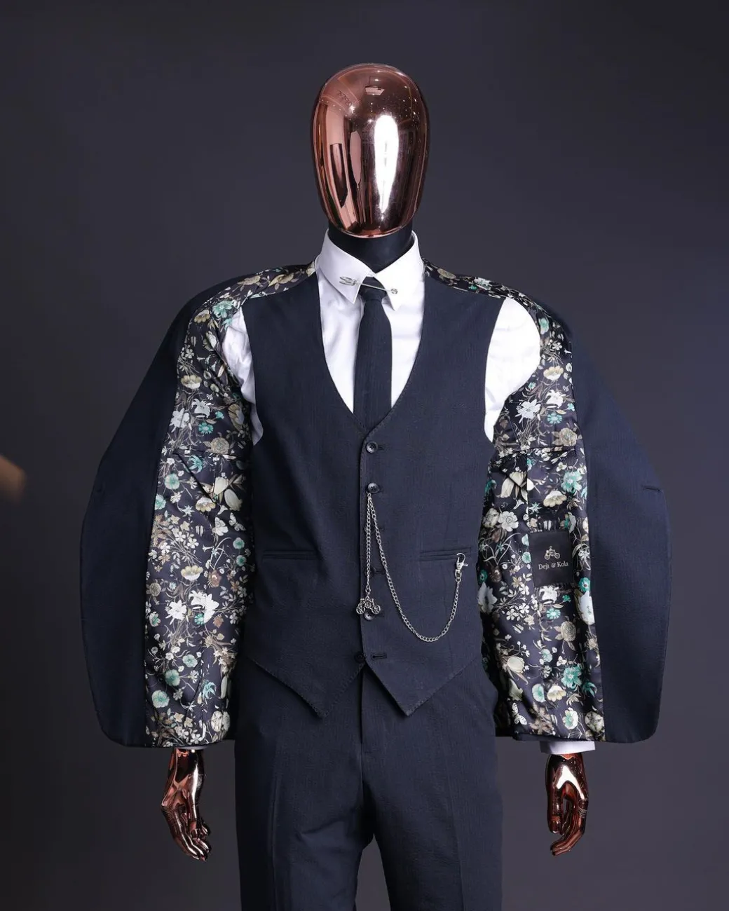 A Steel Black, Seer Sucker Fabric, Knitted, Peak Lapel Suit