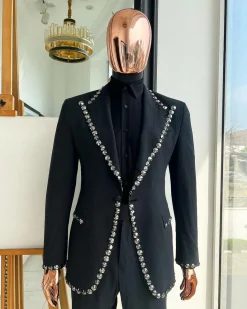 A steel black, seer sucker fabric, knitted, peak lapel suit