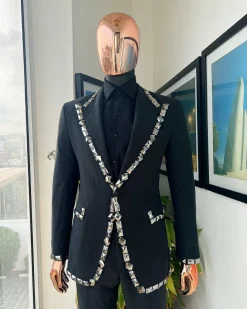 A Steel Black, Seer Sucker Fabric, Knitted, Peak Lapel Suit