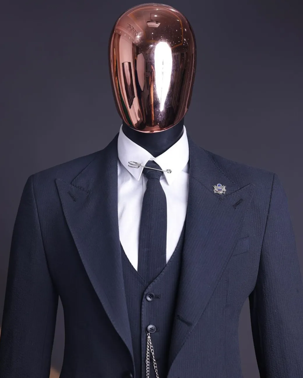 A Steel Black, Seer Sucker Fabric, Knitted, Peak Lapel Suit