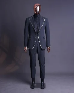 A Steel Black, Seer Sucker Fabric, Knitted, Peak Lapel Suit