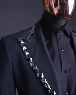 A Steel Black, Seer Sucker Fabric, Knitted, Peak Lapel Suit