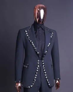 A Steel Black, Seer Sucker Fabric, Knitted, Peak Lapel Suit