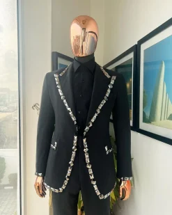 A Steel Black, Seer Sucker Fabric, Knitted, Peak Lapel Suit