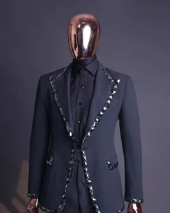 A Steel Black, Seer Sucker Fabric, Knitted, Peak Lapel Suit