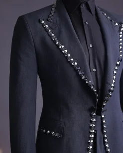A steel black, seer sucker fabric, knitted, peak lapel suit