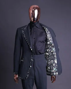 A Steel Black, Seer Sucker Fabric, Knitted, Peak Lapel Suit