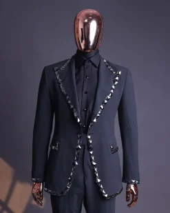 A Steel Black, Seer Sucker Fabric, Knitted, Peak Lapel Suit